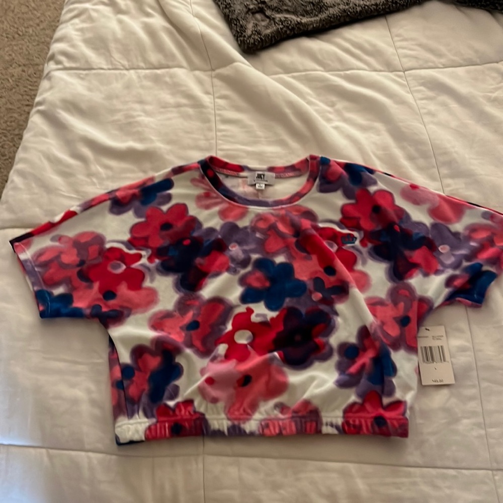 Juicy Couture All Over Floral Terry Textured Crop Top - Pink/Blue size Large